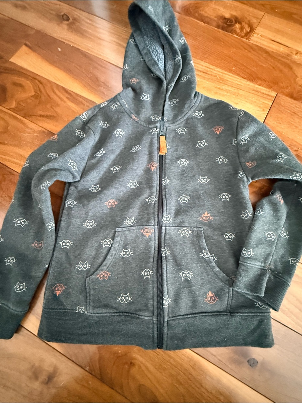 Kids Hooded Zip Jacket - Charcoal with Cat Print Halloween size 8 medium
